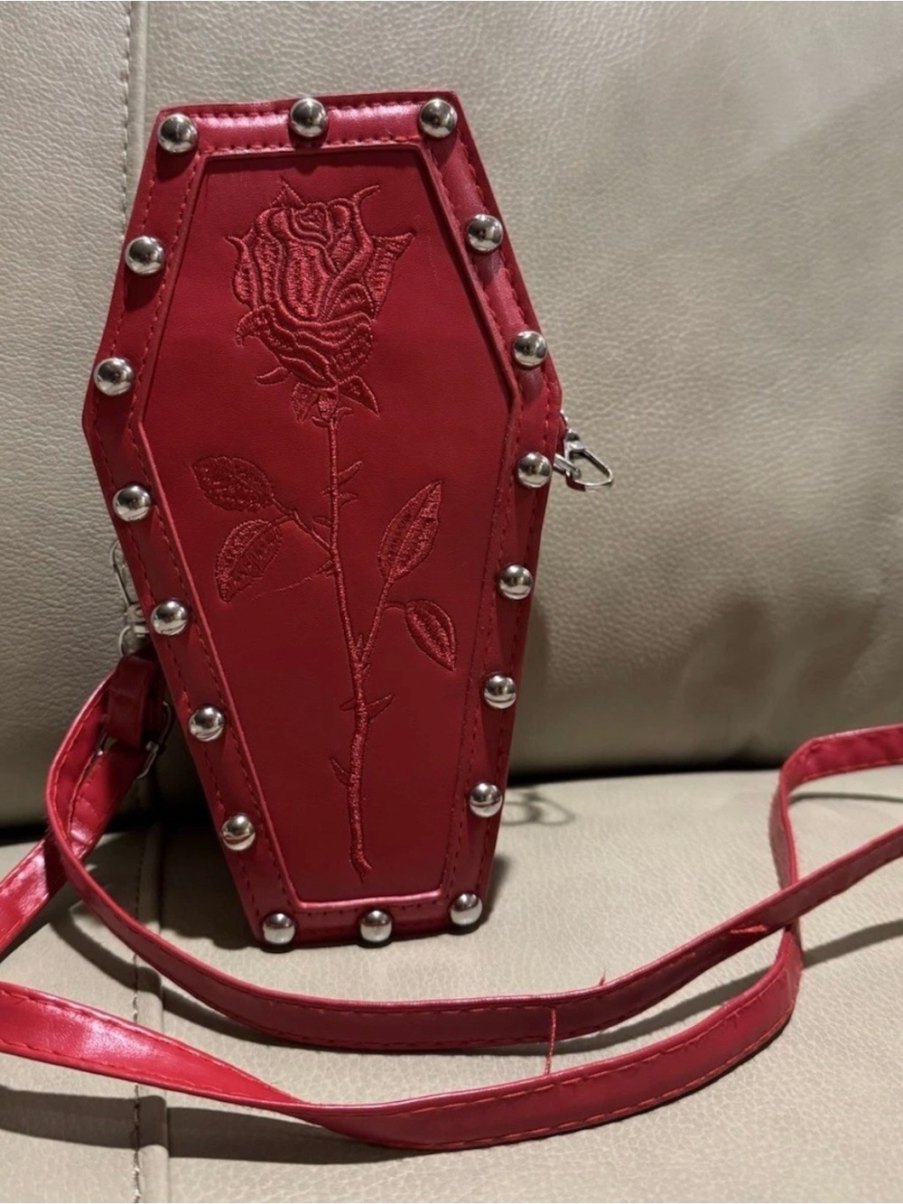 Red Coffin Rose Embroidered Crossbody Bag Goth Punk Purse Horror Womens Girls